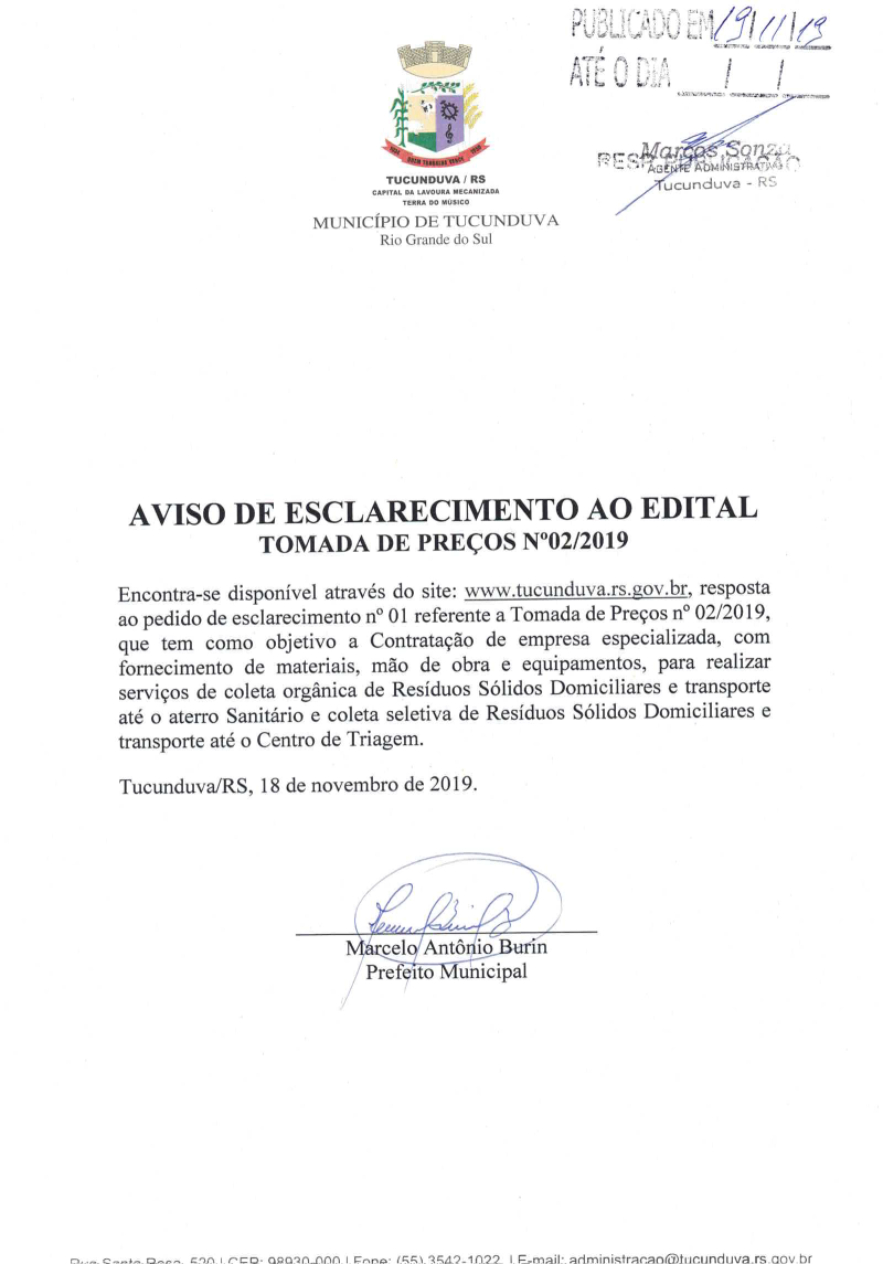 AVISO DE ESCLARECIMENTO AO EDITAL TP Nº 02_2019